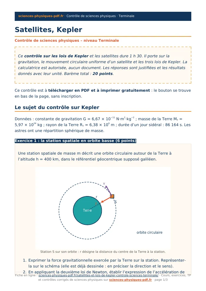 Fiche PDF : Satellites, Kepler (Terminale)