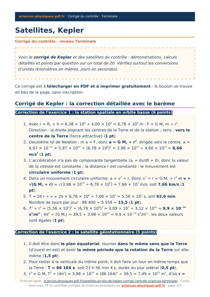 Fiche PDF : Satellites, Kepler (Terminale)