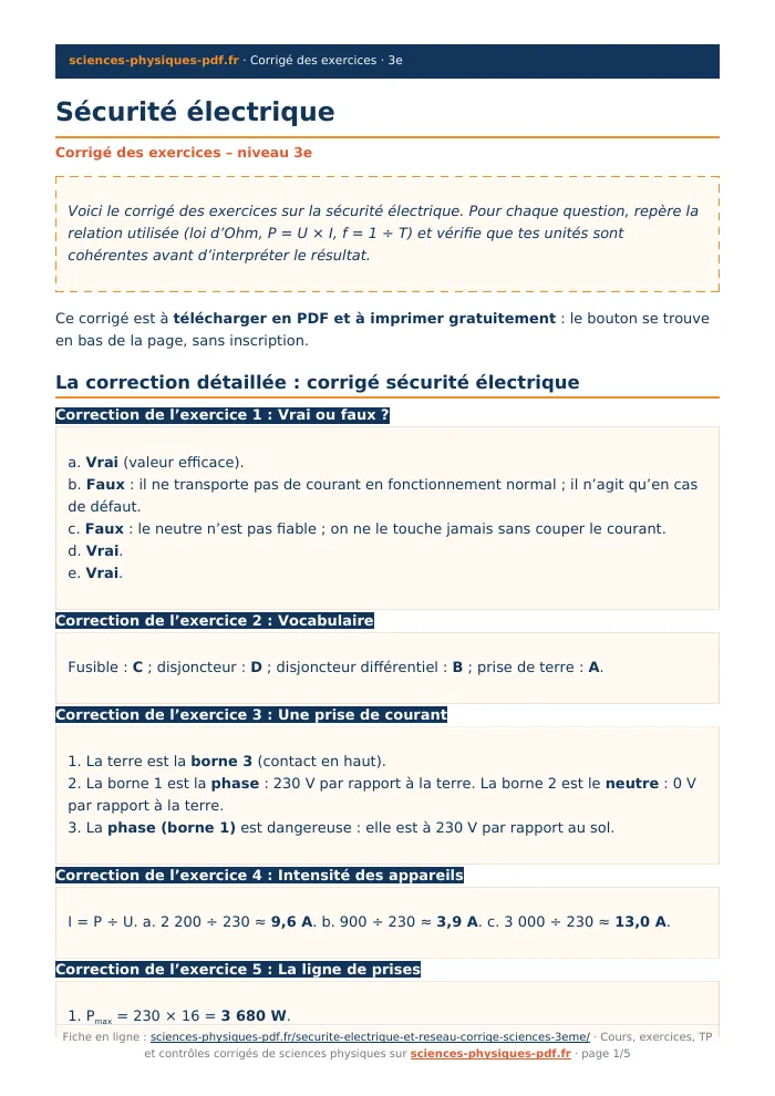 Fiche PDF : Sécurité électrique (3e)