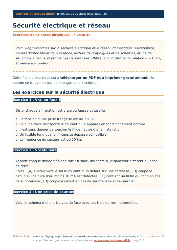 Fiche PDF : Sécurité électrique et réseau (3e)