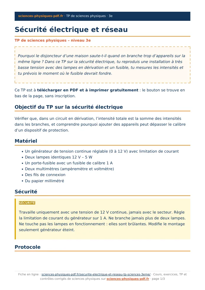 Fiche PDF : Sécurité électrique et réseau (3e)