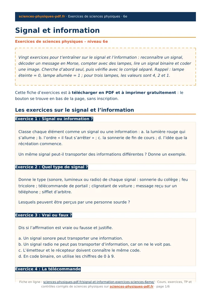 Fiche PDF : Signal et information (6e)