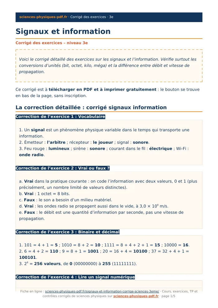 Fiche PDF : Signaux et information (3e)