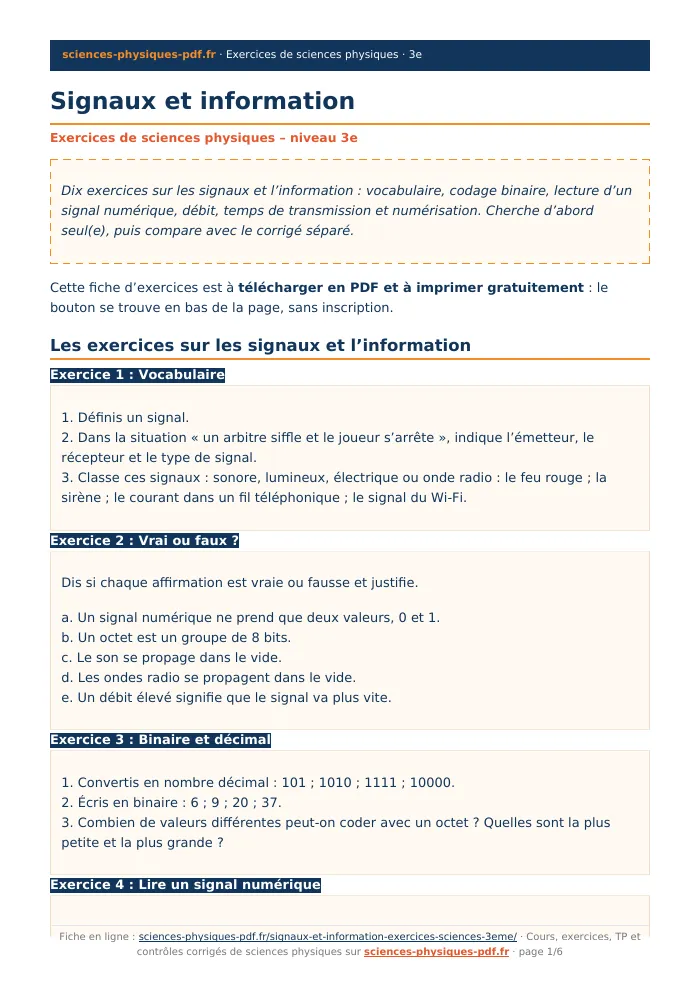 Fiche PDF : Signaux et information (3e)