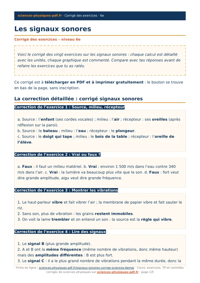 Fiche PDF : Les signaux sonores (6e)