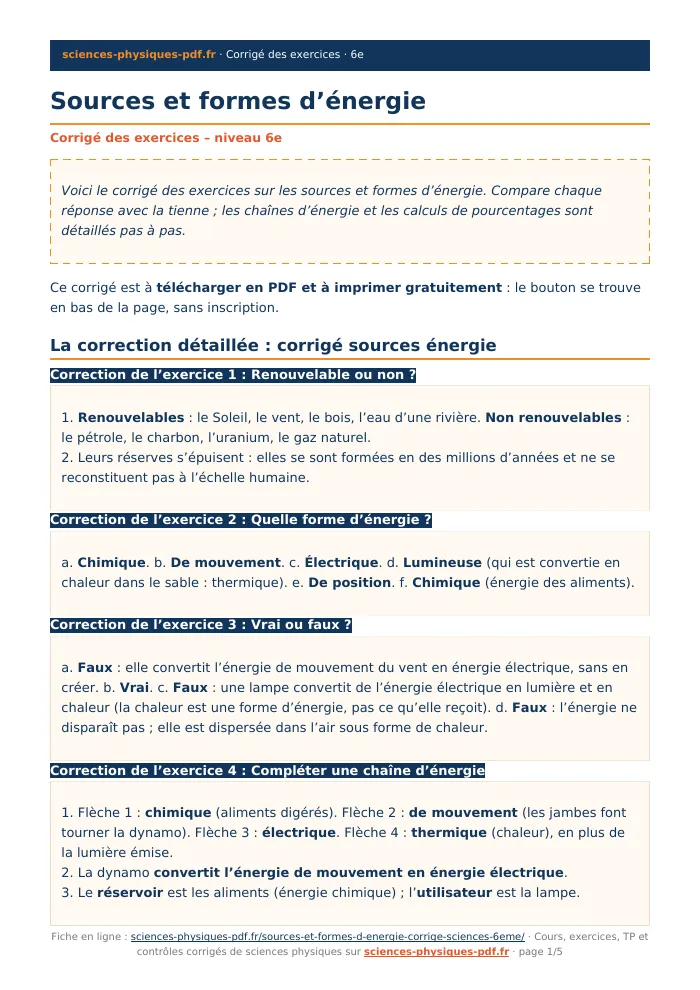 Fiche PDF : Sources et formes d’énergie (6e)