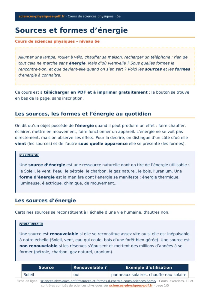 Fiche PDF : Sources et formes d’énergie (6e)