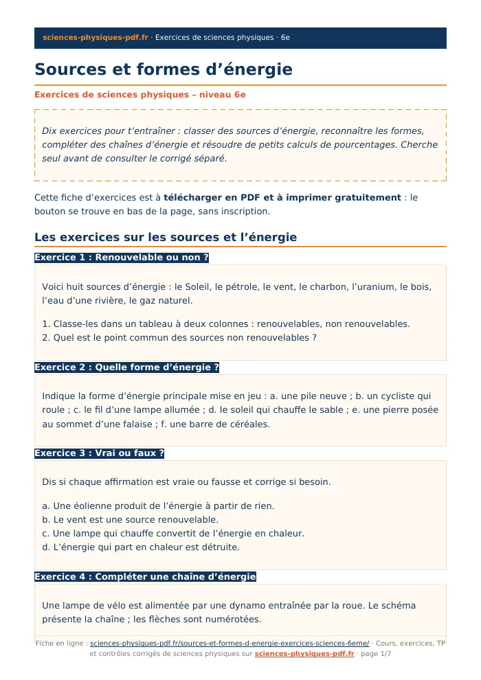 Fiche PDF : Sources et formes d’énergie (6e)