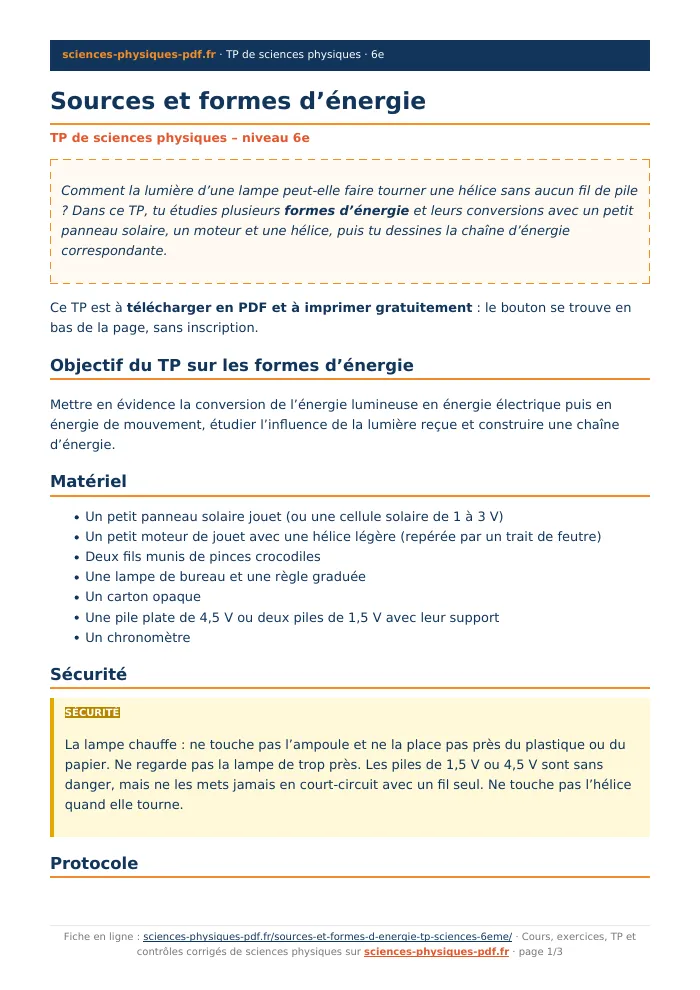 Fiche PDF : Sources et formes d’énergie (6e)