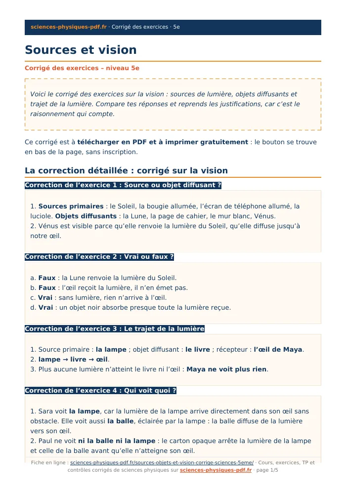 Fiche PDF : Sources et vision (5e)