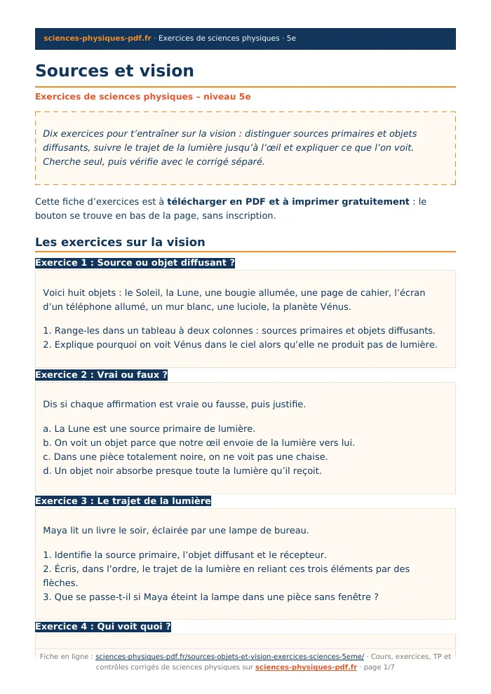 Fiche PDF : Sources et vision (5e)