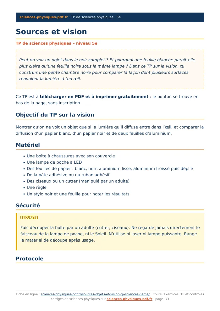 Fiche PDF : Sources et vision (5e)