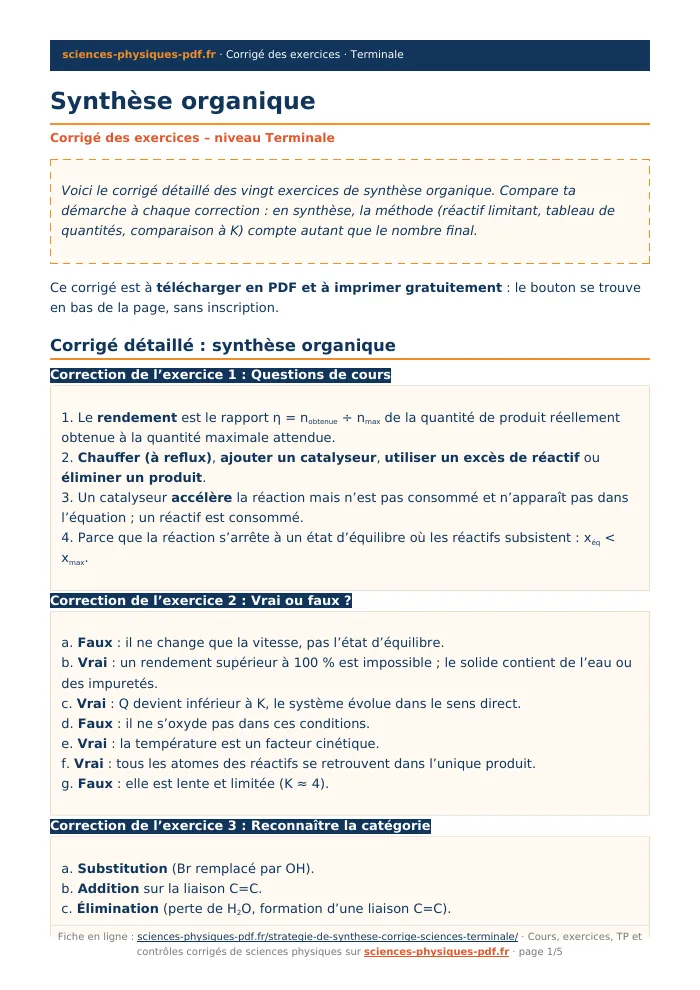 Fiche PDF : Synthèse organique (Terminale)
