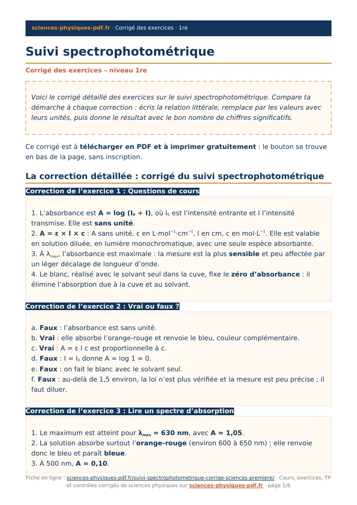 Fiche PDF : Suivi spectrophotométrique (1re)