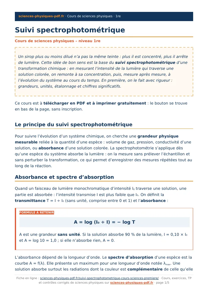 Fiche PDF : Suivi spectrophotométrique (1re)