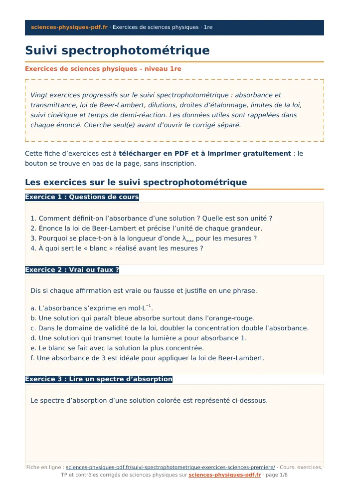 Fiche PDF : Suivi spectrophotométrique (1re)