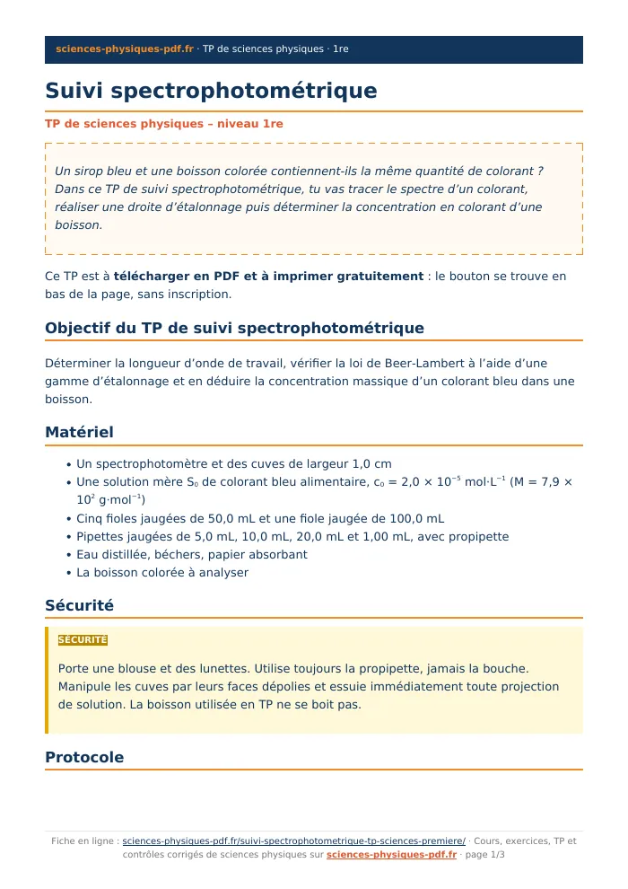 Fiche PDF : Suivi spectrophotométrique (1re)