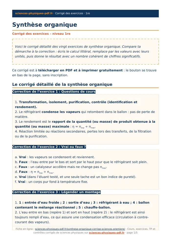 Fiche PDF : Synthèse organique (1re)