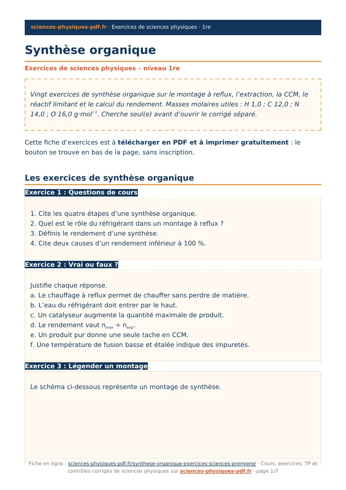 Fiche PDF : Synthèse organique (1re)