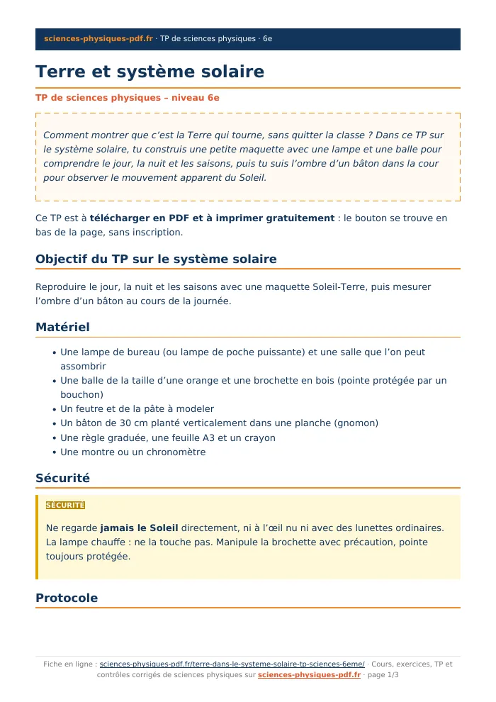 Fiche PDF : Terre et système solaire (6e)