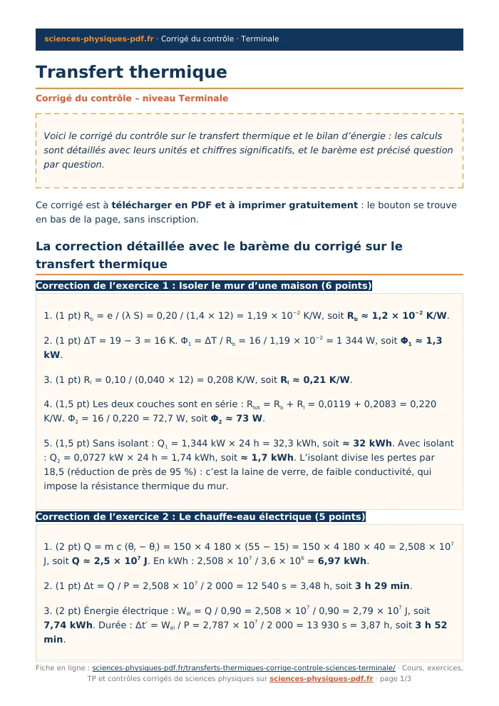 Fiche PDF : Transfert thermique (Terminale)