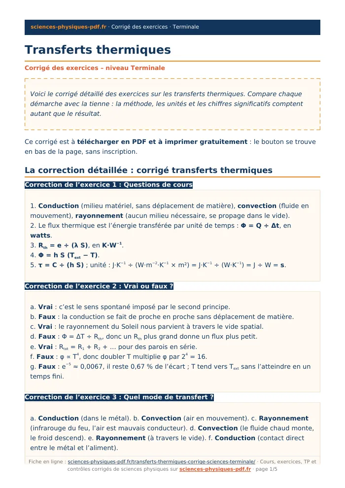 Fiche PDF : Transferts thermiques (Terminale)