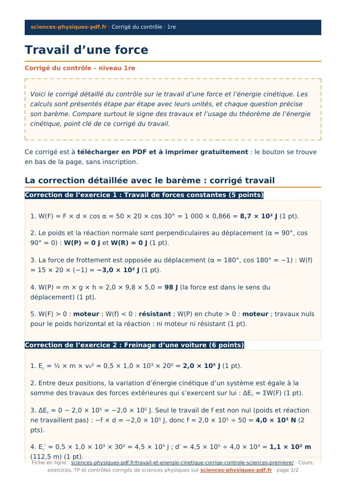 Fiche PDF : Travail d’une force (1re)