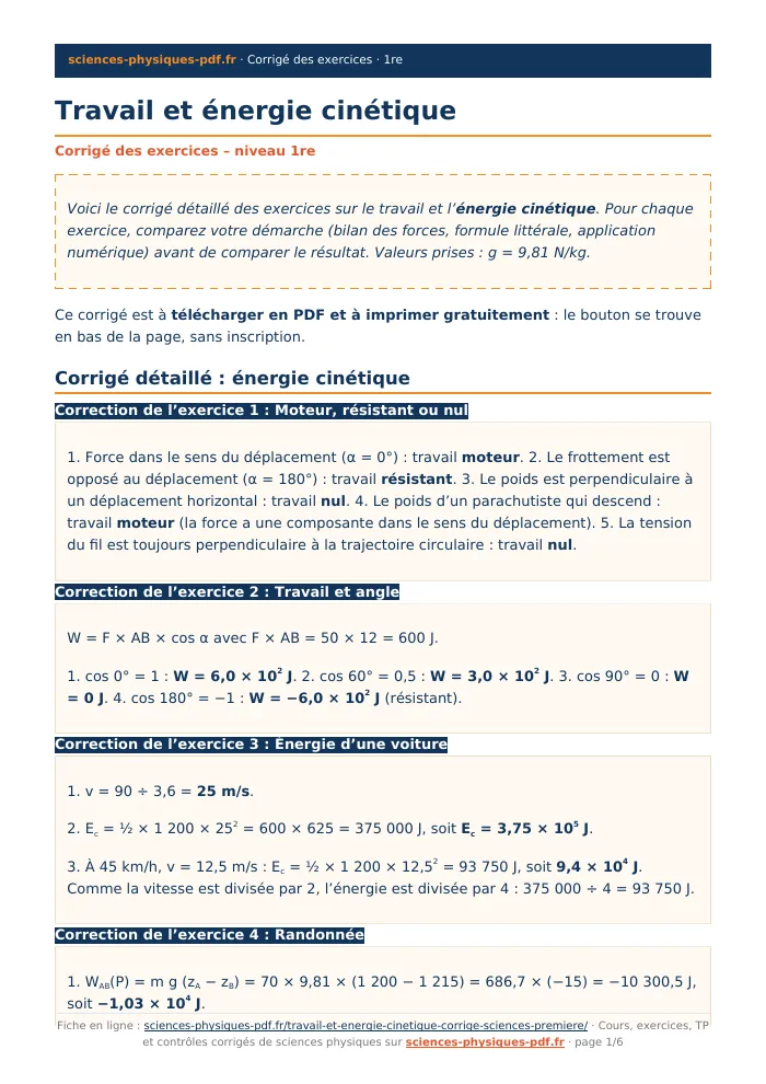 Fiche PDF : Travail et énergie cinétique (1re)