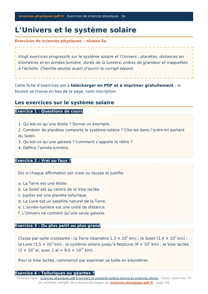 Fiche PDF : L’Univers et le système solaire (3e)