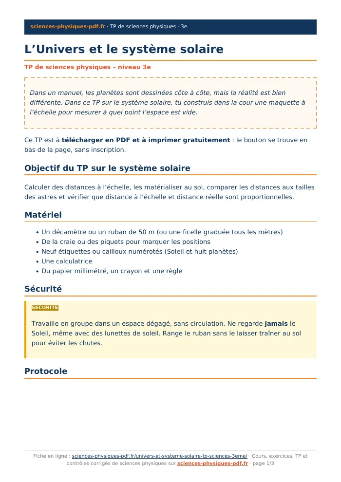 Fiche PDF : L’Univers et le système solaire (3e)