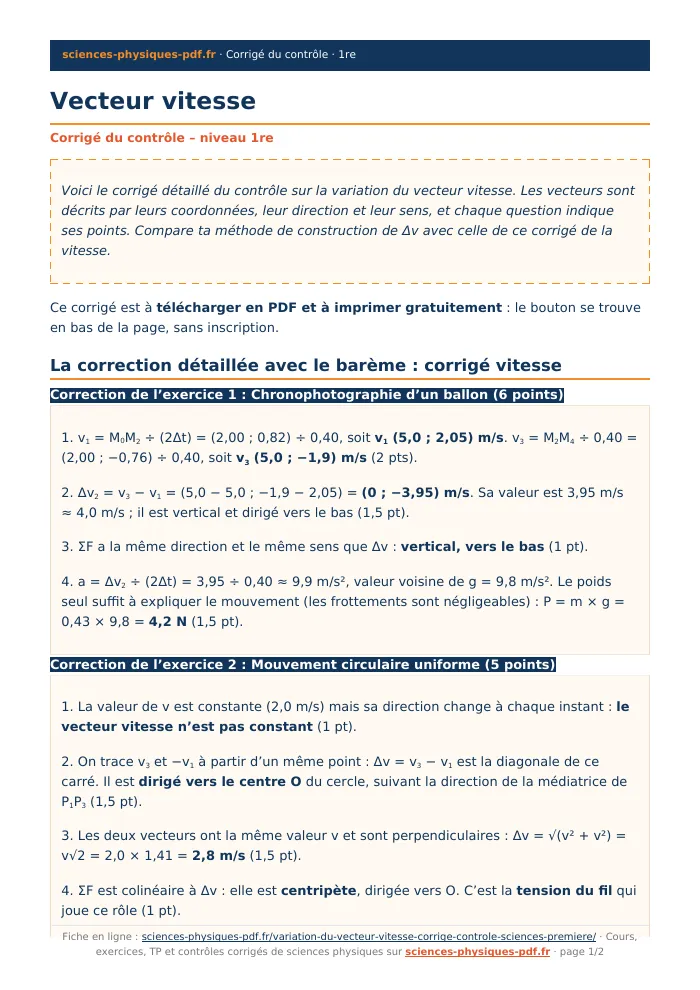 Fiche PDF : Vecteur vitesse (1re)