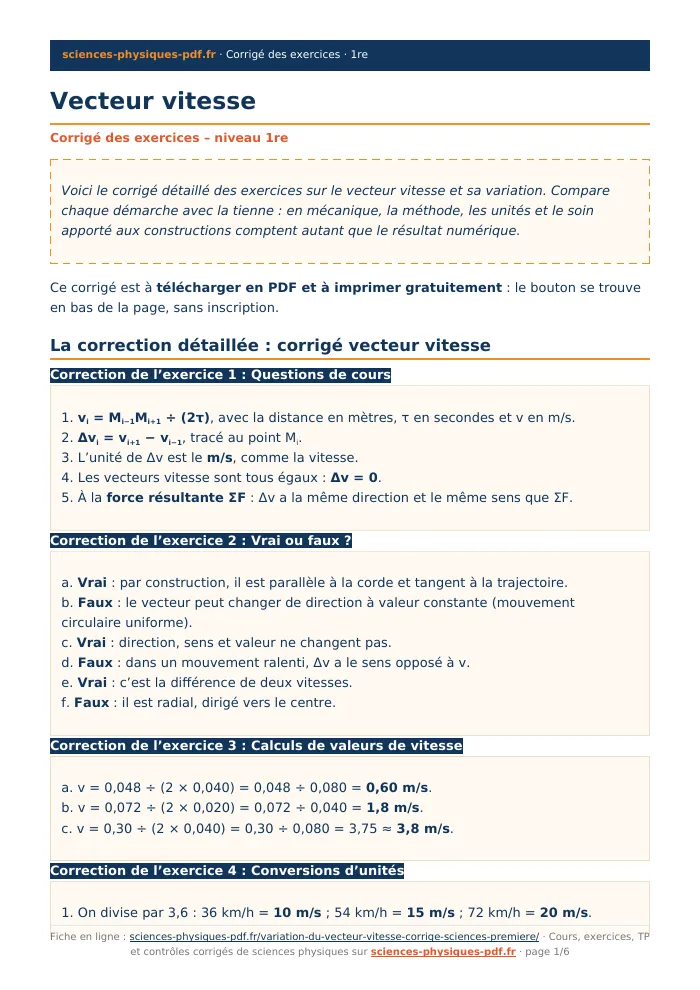 Fiche PDF : Vecteur vitesse (1re)