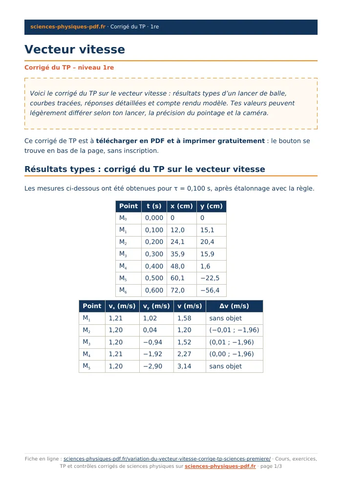 Fiche PDF : Vecteur vitesse (1re)