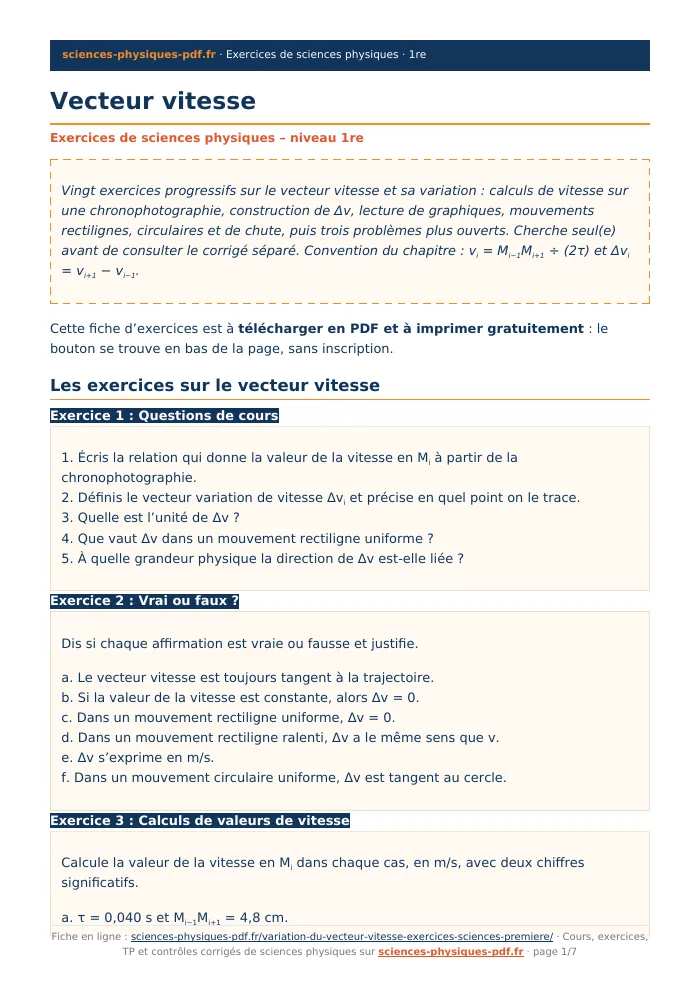 Fiche PDF : Vecteur vitesse (1re)