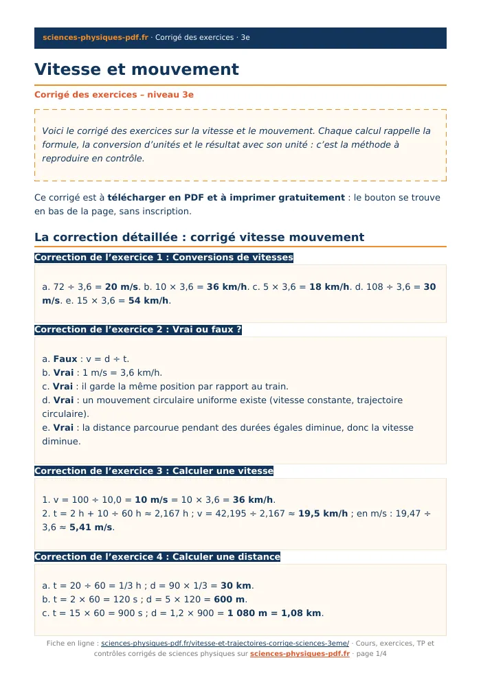 Fiche PDF : Vitesse et mouvement (3e)