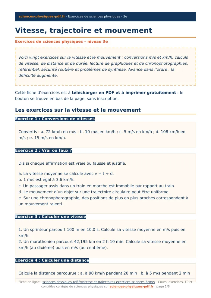 Fiche PDF : Vitesse, trajectoire et mouvement (3e)
