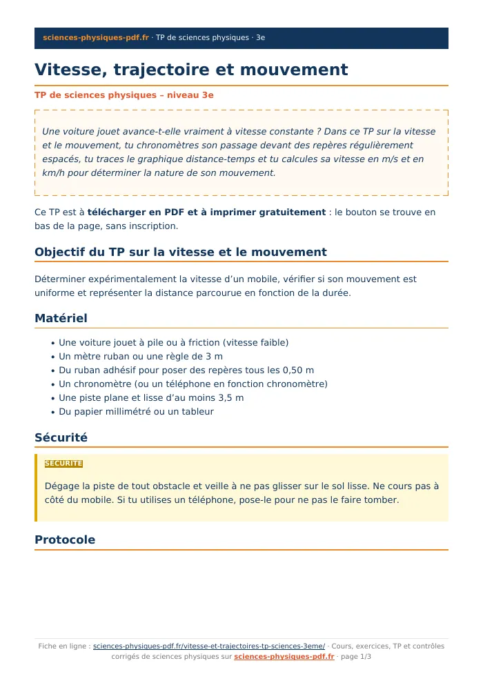 Fiche PDF : Vitesse, trajectoire et mouvement (3e)